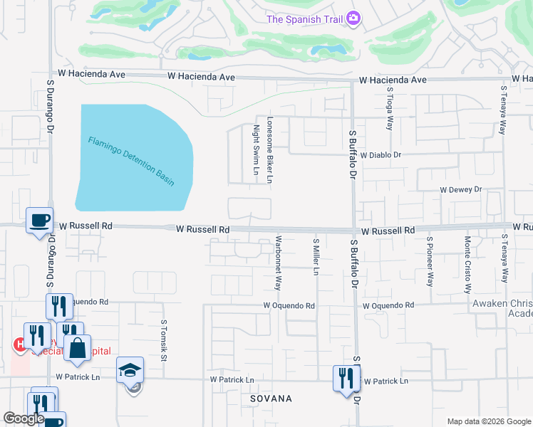 map of restaurants, bars, coffee shops, grocery stores, and more near 8070 West Russell Road in Las Vegas