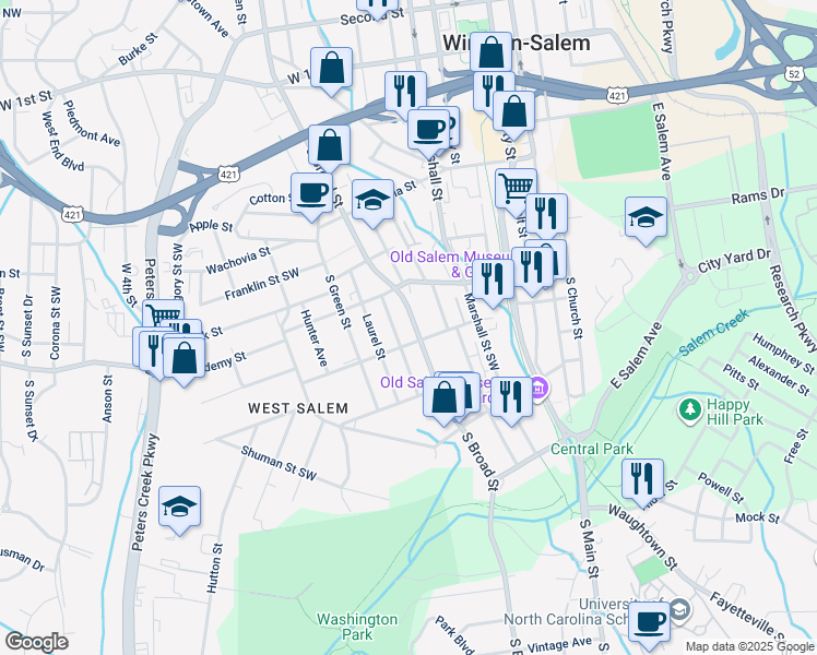 map of restaurants, bars, coffee shops, grocery stores, and more near 521 West Street Southwest in Winston-Salem
