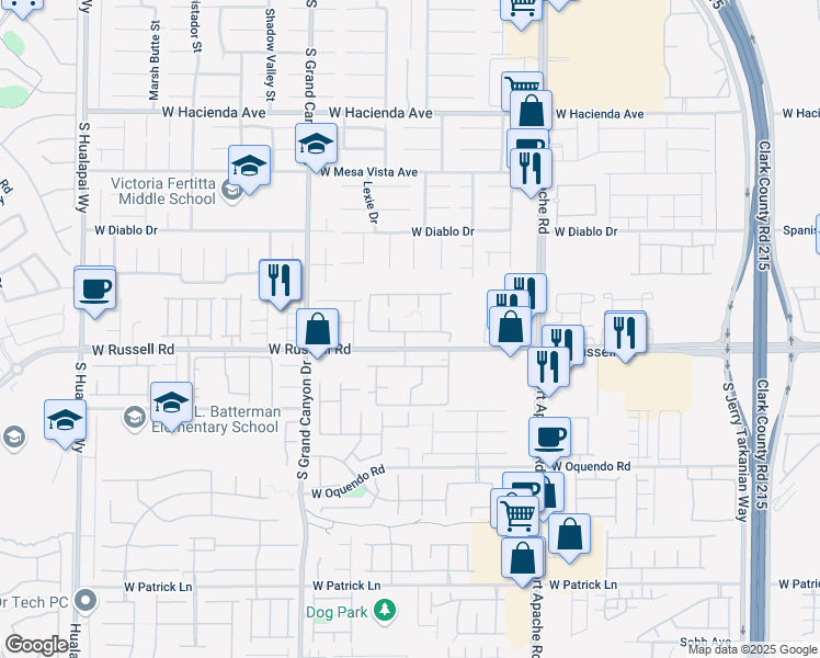 map of restaurants, bars, coffee shops, grocery stores, and more near 9620 West Russell Road in Las Vegas