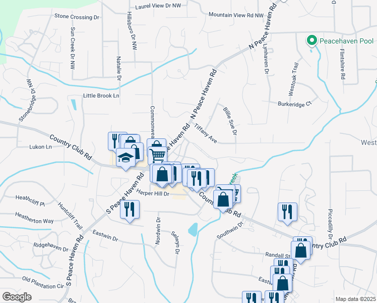map of restaurants, bars, coffee shops, grocery stores, and more near 4981 Hunt Club Road in Winston-Salem