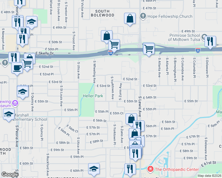 map of restaurants, bars, coffee shops, grocery stores, and more near 5317 South Xanthus Avenue in Tulsa