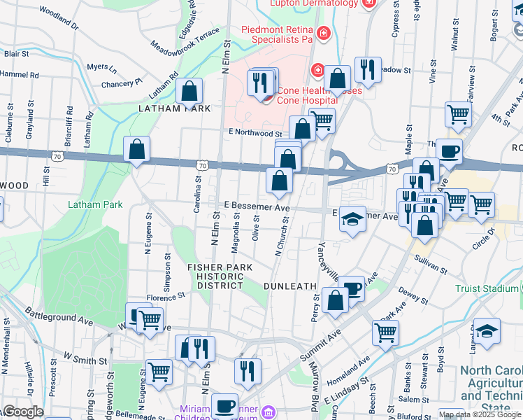 map of restaurants, bars, coffee shops, grocery stores, and more near 912 Olive Street in Greensboro