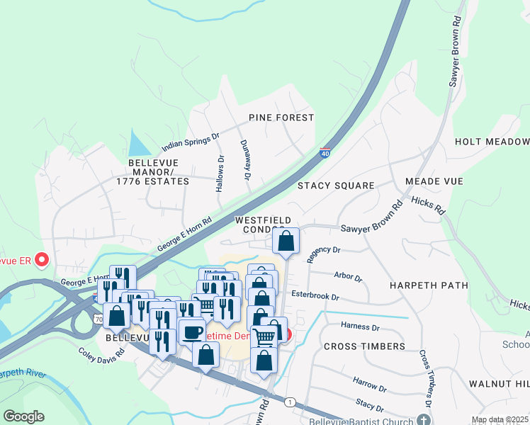 map of restaurants, bars, coffee shops, grocery stores, and more near 319 Westfield Drive in Nashville