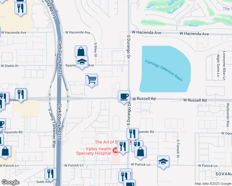 map of restaurants, bars, coffee shops, grocery stores, and more near 5670 Spellbinding Street in Spring Valley