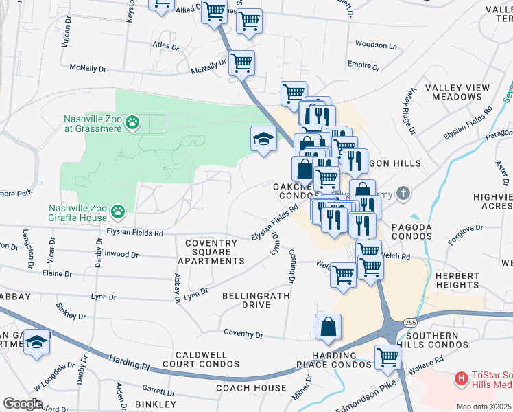 map of restaurants, bars, coffee shops, grocery stores, and more near 4808 Lynn Drive in Nashville