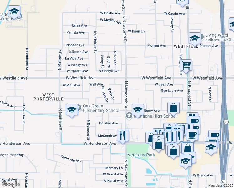 map of restaurants, bars, coffee shops, grocery stores, and more near 1661 West Gerry Court in Porterville