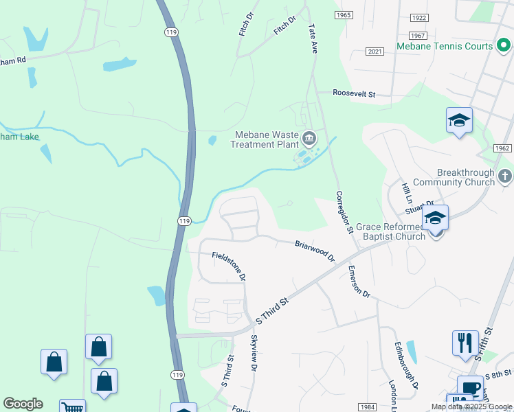 map of restaurants, bars, coffee shops, grocery stores, and more near 334 Huckleberry Loop in Mebane