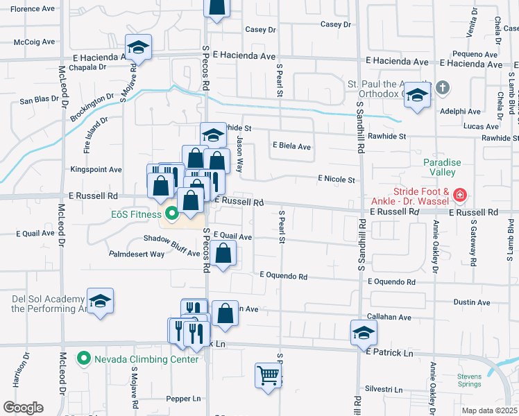 map of restaurants, bars, coffee shops, grocery stores, and more near 5774 South Claire D Lane in Las Vegas