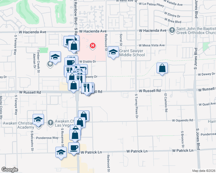 map of restaurants, bars, coffee shops, grocery stores, and more near 5680 Alta Peak Court in Las Vegas