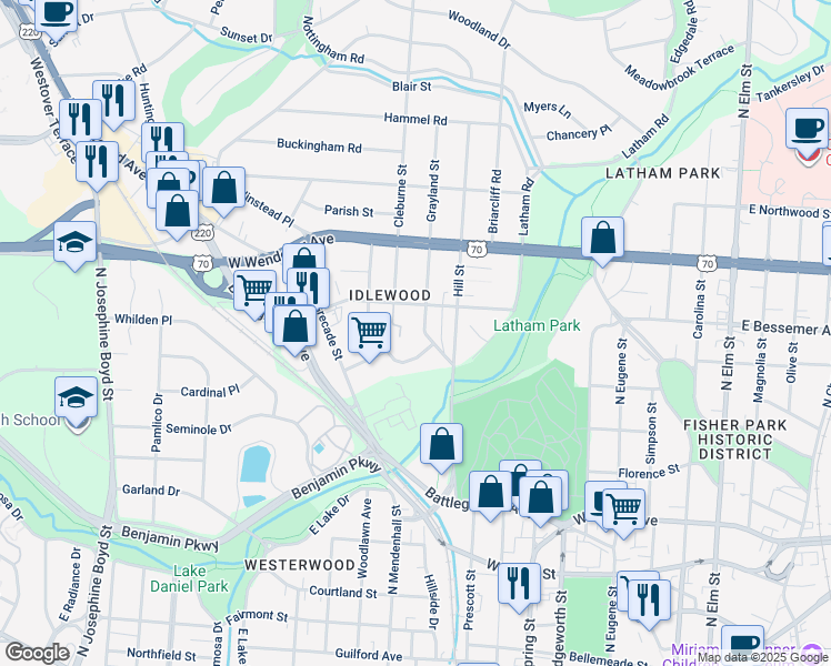 map of restaurants, bars, coffee shops, grocery stores, and more near 806 Idlewood Drive in Greensboro