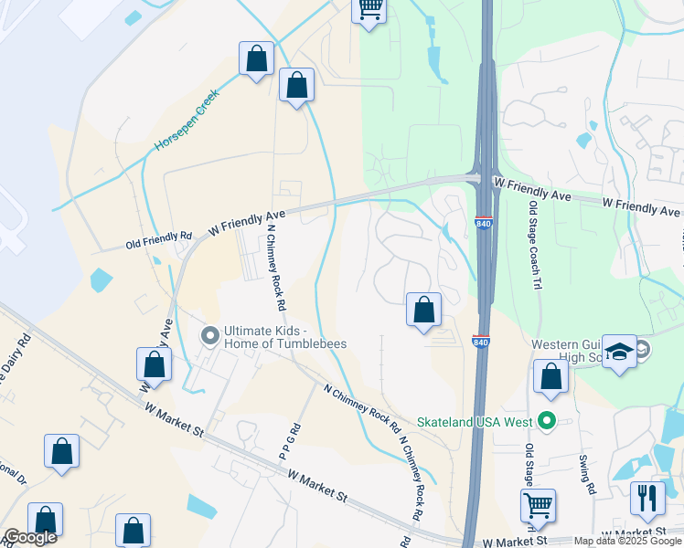 map of restaurants, bars, coffee shops, grocery stores, and more near 7147 West Friendly Avenue in Greensboro