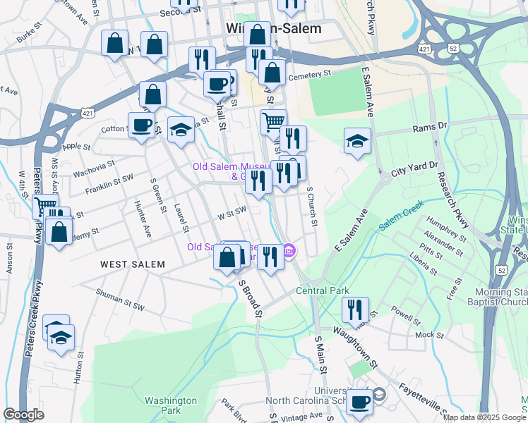 map of restaurants, bars, coffee shops, grocery stores, and more near 717 Marshall Street Southwest in Winston-Salem