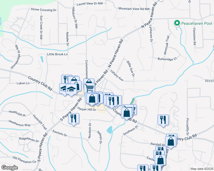 map of restaurants, bars, coffee shops, grocery stores, and more near 4981 Hunt Club Road in Winston-Salem