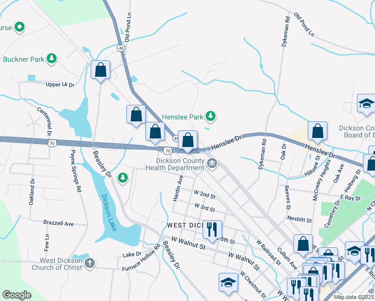 map of restaurants, bars, coffee shops, grocery stores, and more near 406 West End Avenue in Dickson