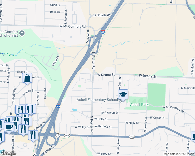 map of restaurants, bars, coffee shops, grocery stores, and more near 2331 West Deane Street in Fayetteville