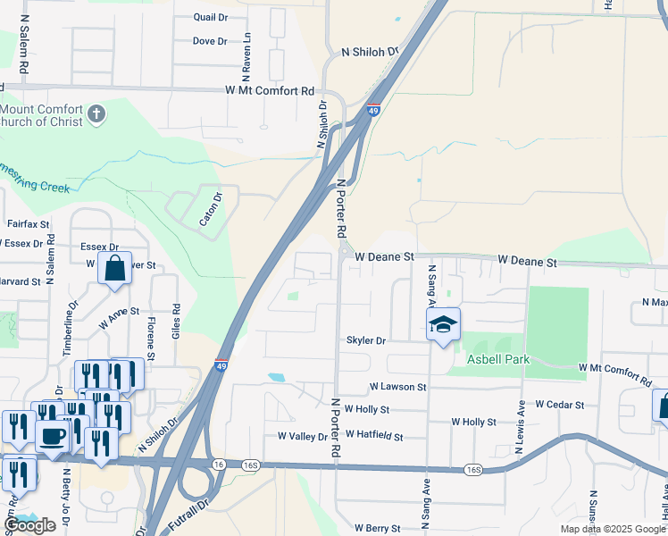 map of restaurants, bars, coffee shops, grocery stores, and more near 2331 West Deane Street in Fayetteville