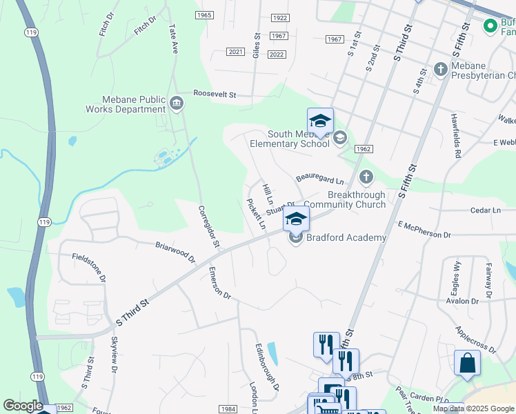 map of restaurants, bars, coffee shops, grocery stores, and more near 302 Pickett Lane in Mebane
