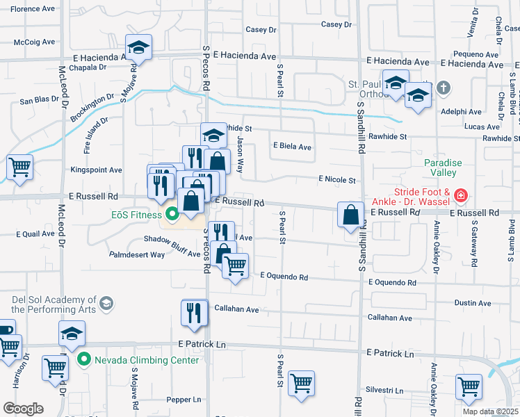 map of restaurants, bars, coffee shops, grocery stores, and more near 5774 South Claire D Lane in Las Vegas