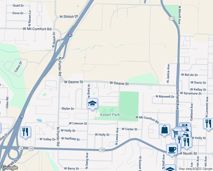 map of restaurants, bars, coffee shops, grocery stores, and more near 1853 West Deane Street in Fayetteville