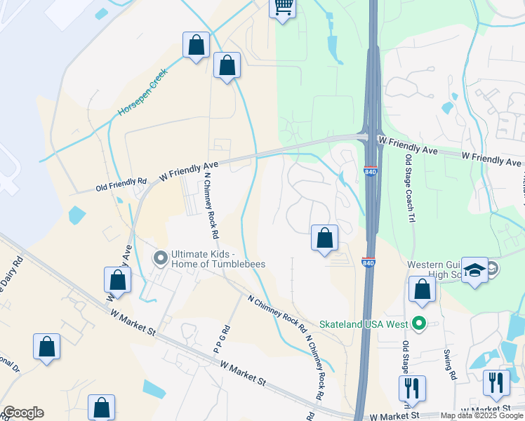 map of restaurants, bars, coffee shops, grocery stores, and more near 7141 West Friendly Avenue in Greensboro