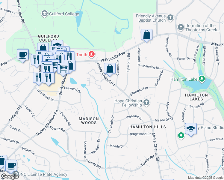 map of restaurants, bars, coffee shops, grocery stores, and more near 4807 Hardindale Drive in Greensboro
