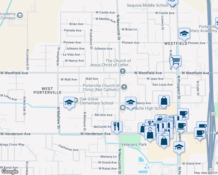 map of restaurants, bars, coffee shops, grocery stores, and more near 1671 West Gerry Court in Porterville