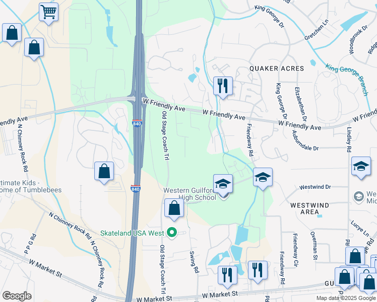 map of restaurants, bars, coffee shops, grocery stores, and more near 503 Greentree Drive in Greensboro
