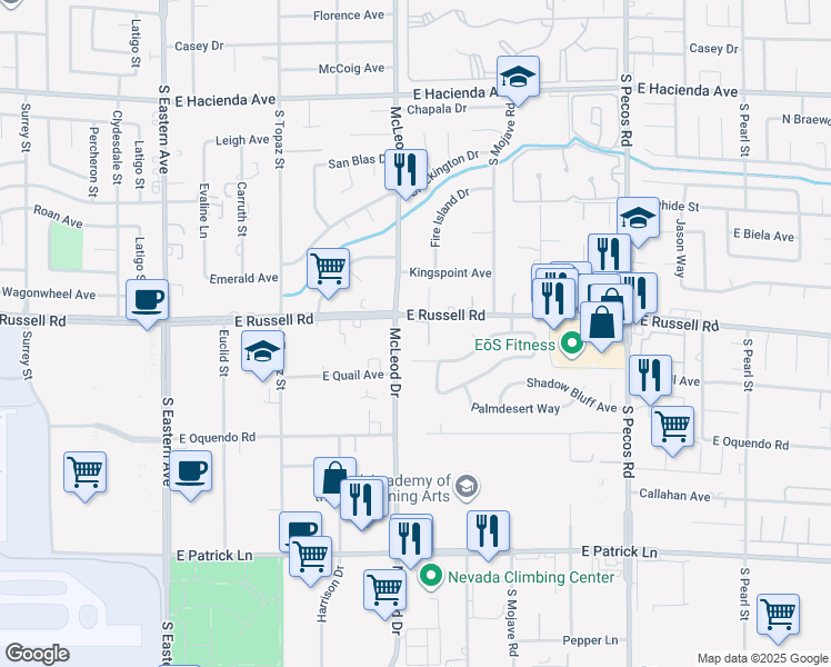 map of restaurants, bars, coffee shops, grocery stores, and more near 3025 East Russell Road in Las Vegas