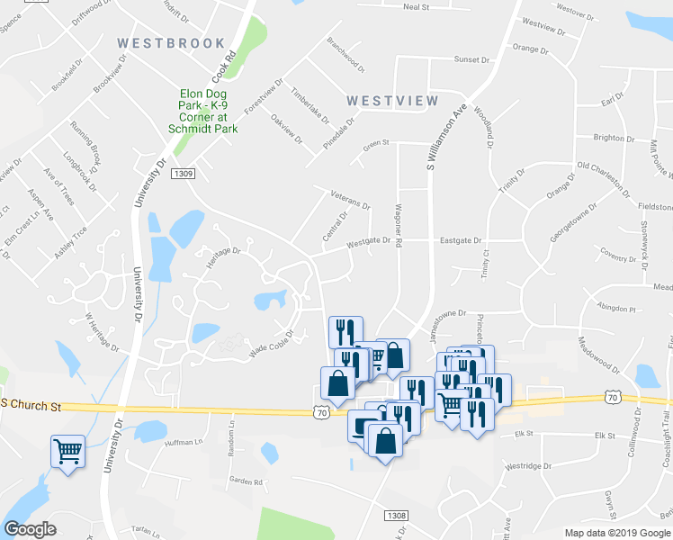 map of restaurants, bars, coffee shops, grocery stores, and more near 814 Westwood Drive in Elon