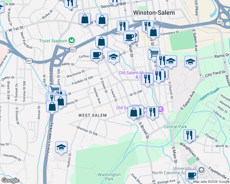 map of restaurants, bars, coffee shops, grocery stores, and more near 632 Mulberry Street Southwest in Winston-Salem