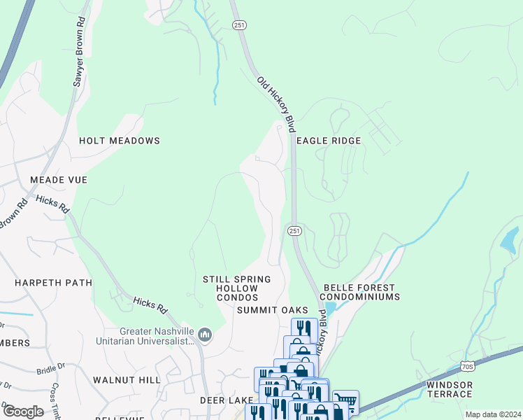 map of restaurants, bars, coffee shops, grocery stores, and more near 569 Summit Oaks Court in Nashville