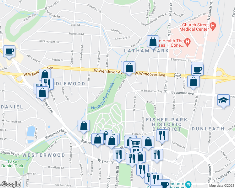 map of restaurants, bars, coffee shops, grocery stores, and more near 411 Cridland Road in Greensboro