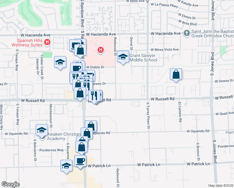 map of restaurants, bars, coffee shops, grocery stores, and more near 5680 Alta Peak Court in Las Vegas