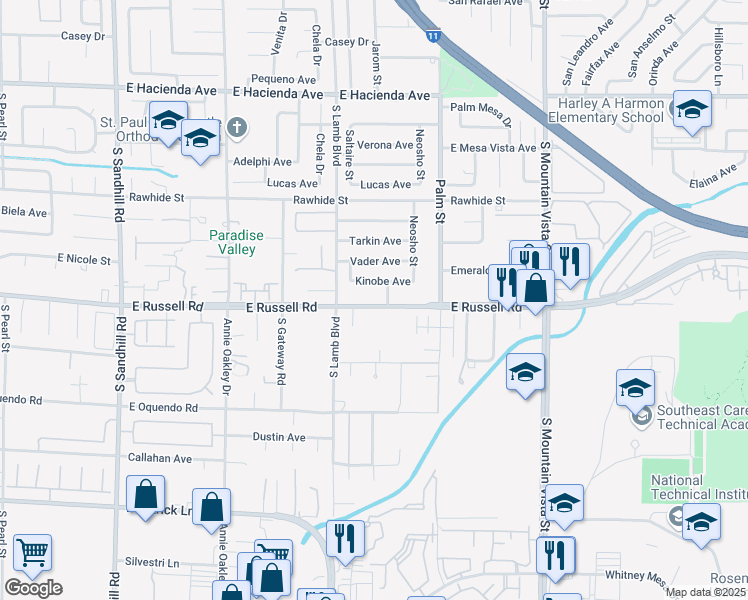 map of restaurants, bars, coffee shops, grocery stores, and more near 4272 East Russell Road in Las Vegas