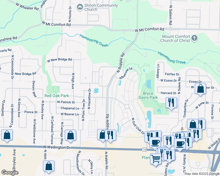 map of restaurants, bars, coffee shops, grocery stores, and more near 3600 West Player Lane in Fayetteville