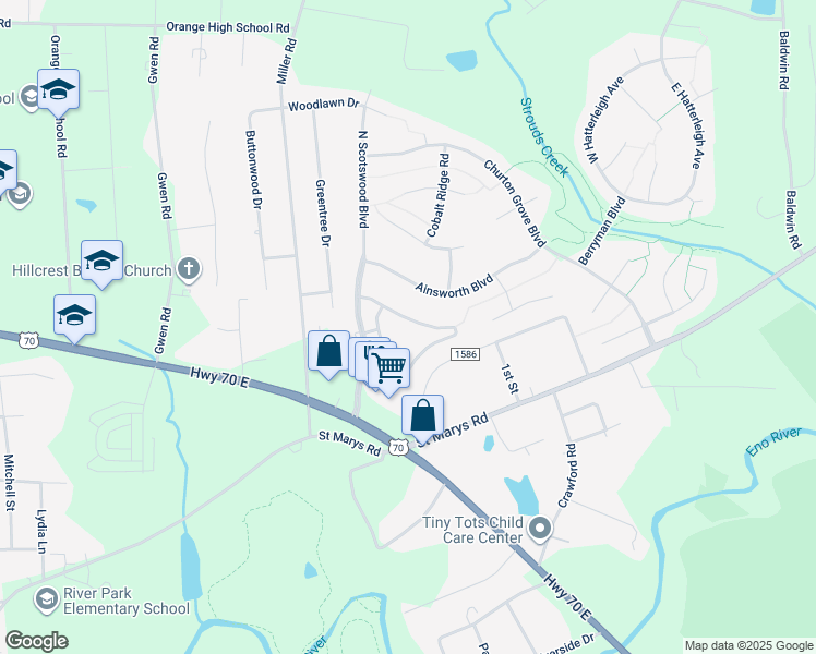 map of restaurants, bars, coffee shops, grocery stores, and more near 612 Bartlett Cir in Hillsborough