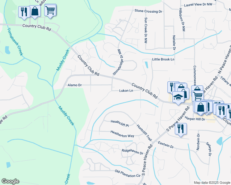 map of restaurants, bars, coffee shops, grocery stores, and more near 5288 Lukon Lane in Winston-Salem