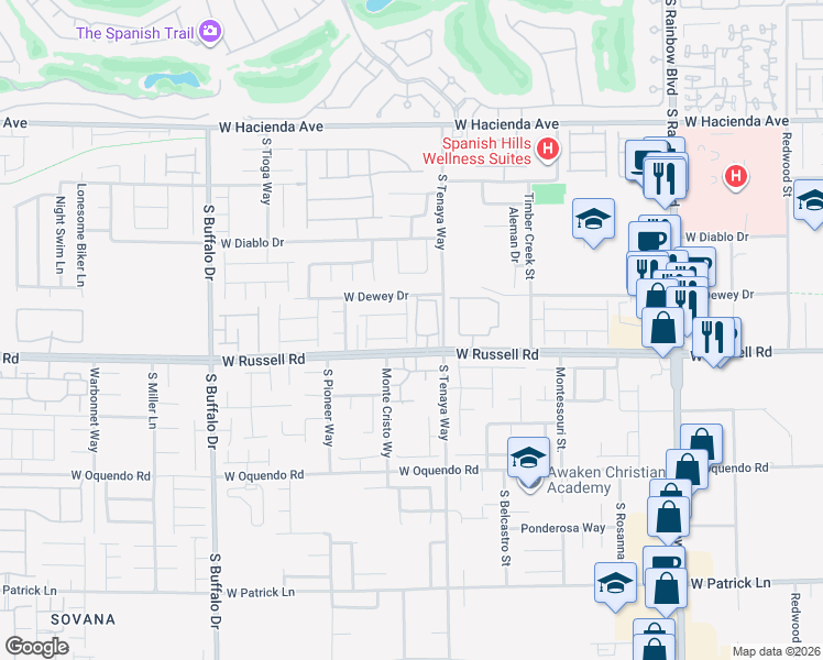 map of restaurants, bars, coffee shops, grocery stores, and more near 7316 West Russell Road in Las Vegas