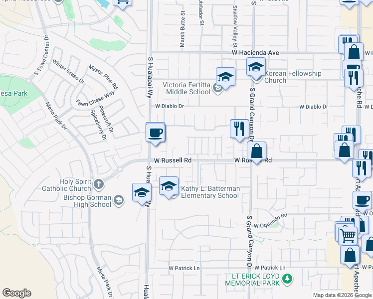 map of restaurants, bars, coffee shops, grocery stores, and more near 5679 Merced Street in Las Vegas