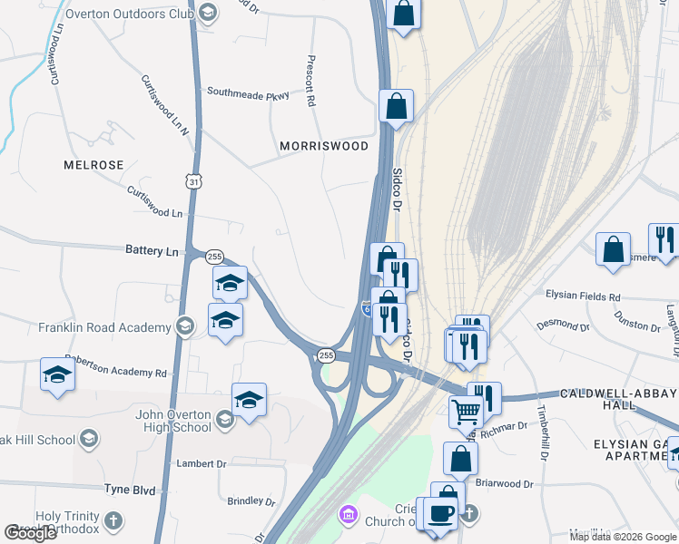 map of restaurants, bars, coffee shops, grocery stores, and more near 4425 Prescott Road in Nashville