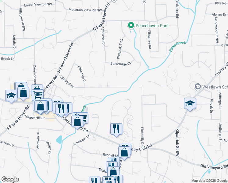 map of restaurants, bars, coffee shops, grocery stores, and more near 168 Queensbury Road in Winston-Salem