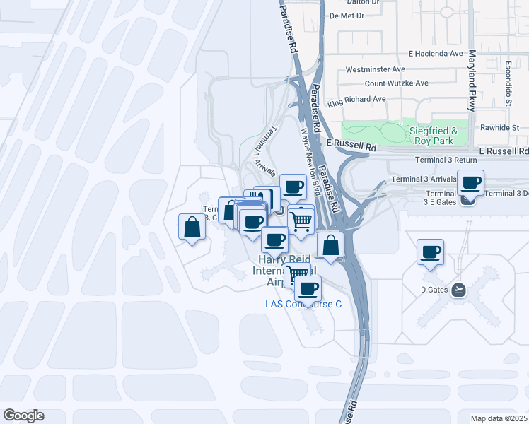 map of restaurants, bars, coffee shops, grocery stores, and more near 5757 Wayne Newton Blvd in Las Vegas