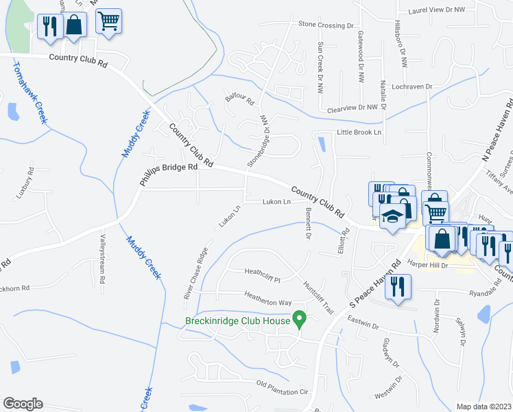 map of restaurants, bars, coffee shops, grocery stores, and more near 5288 Lukon Lane in Winston-Salem