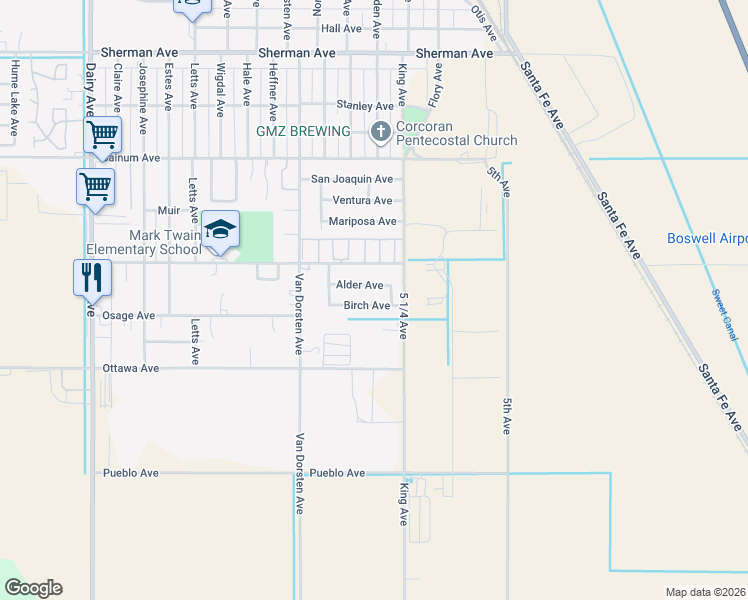 map of restaurants, bars, coffee shops, grocery stores, and more near 1029 Birch Avenue in Corcoran