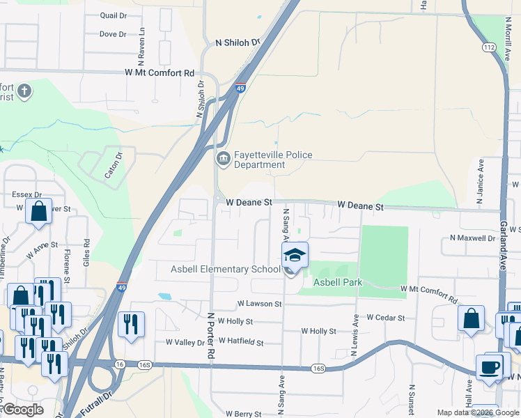 map of restaurants, bars, coffee shops, grocery stores, and more near 1731 Willowbrook Drive in Fayetteville
