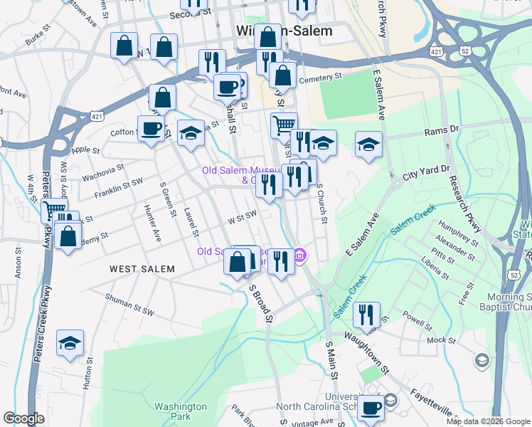 map of restaurants, bars, coffee shops, grocery stores, and more near 717 Marshall Street Southwest in Winston-Salem