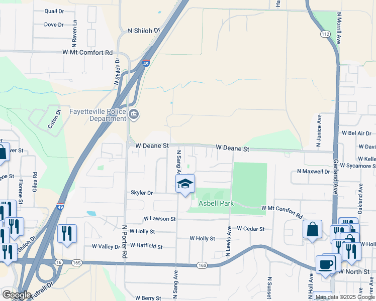 map of restaurants, bars, coffee shops, grocery stores, and more near 1977 West Deane Street in Fayetteville