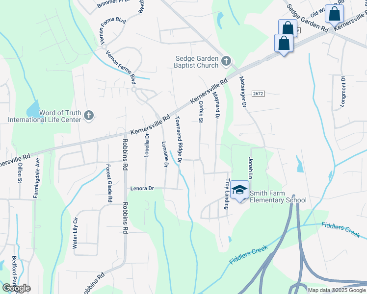 map of restaurants, bars, coffee shops, grocery stores, and more near 157 Townsend Ridge Drive in Winston-Salem