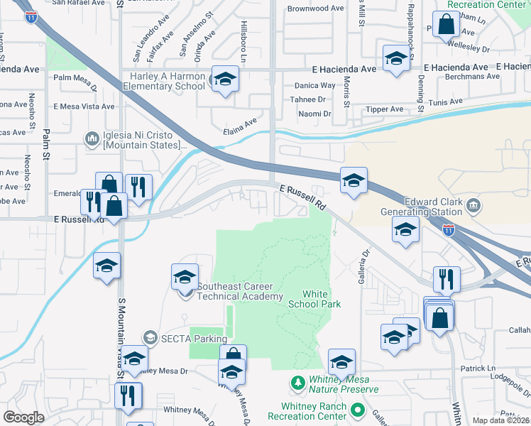 map of restaurants, bars, coffee shops, grocery stores, and more near 4915 East Russell Road in Las Vegas
