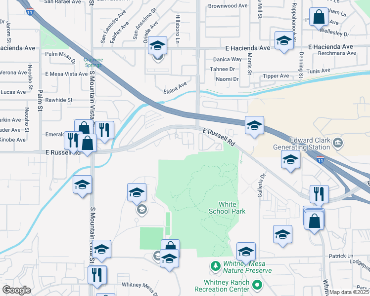 map of restaurants, bars, coffee shops, grocery stores, and more near 4915 East Russell Road in Las Vegas